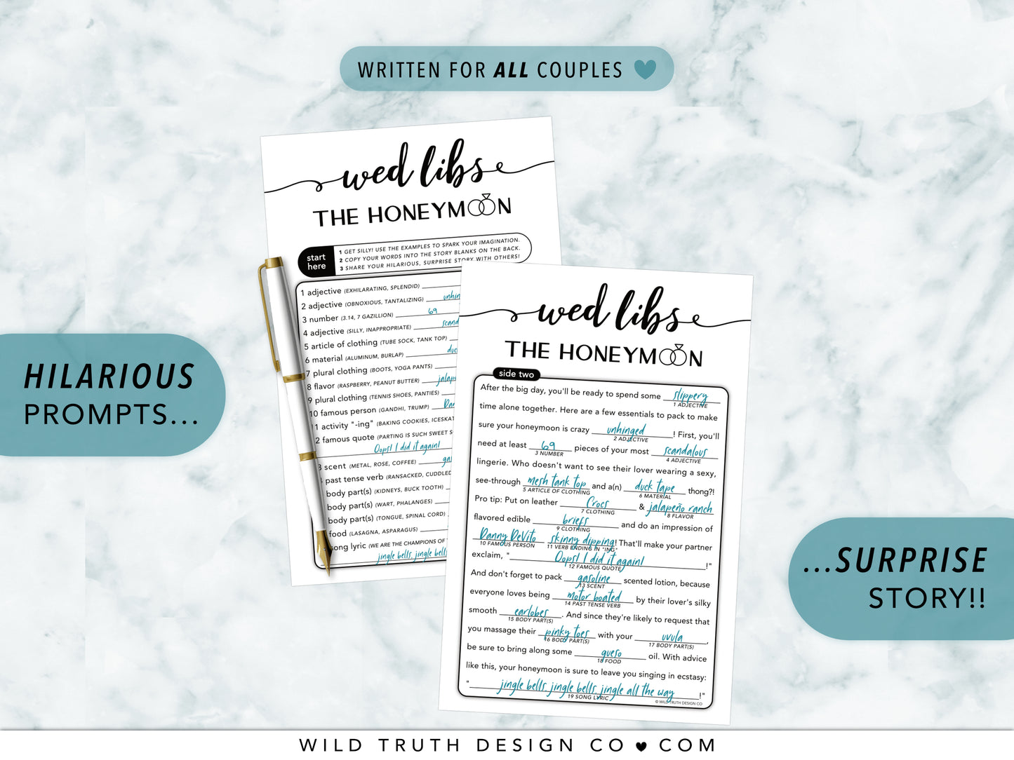 Funny Wedding Mad Libs Game - Honeymoon Story - Elegant