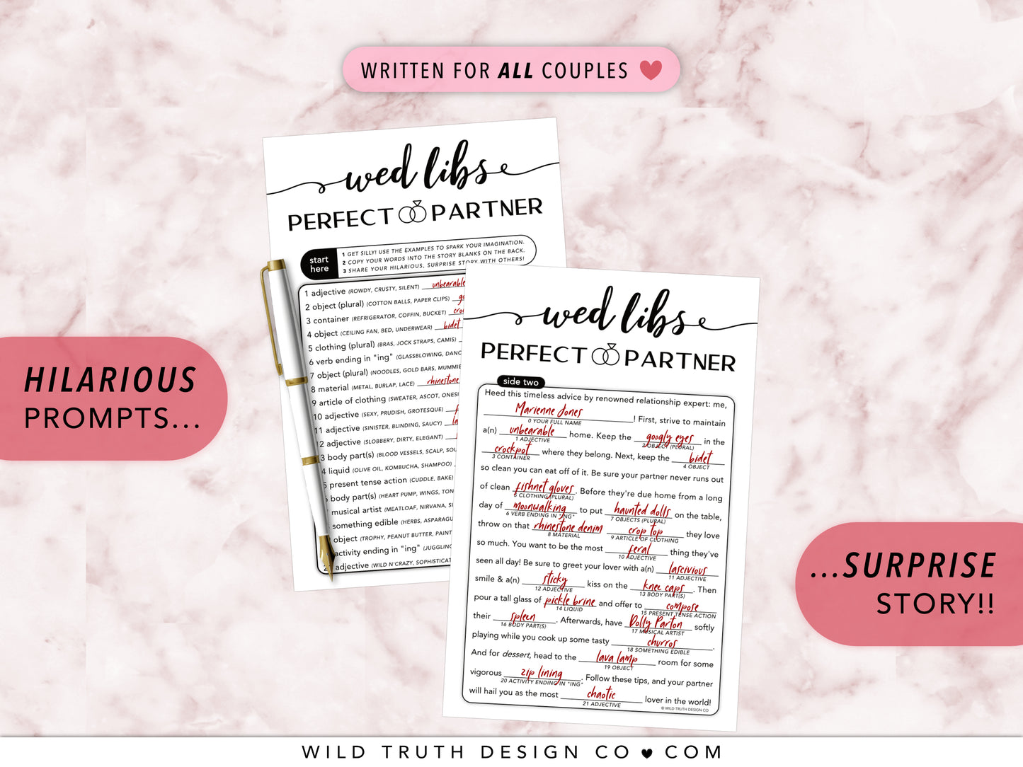 Funny Wedding Mad Libs Game - Perfect Partner Story - Elegant