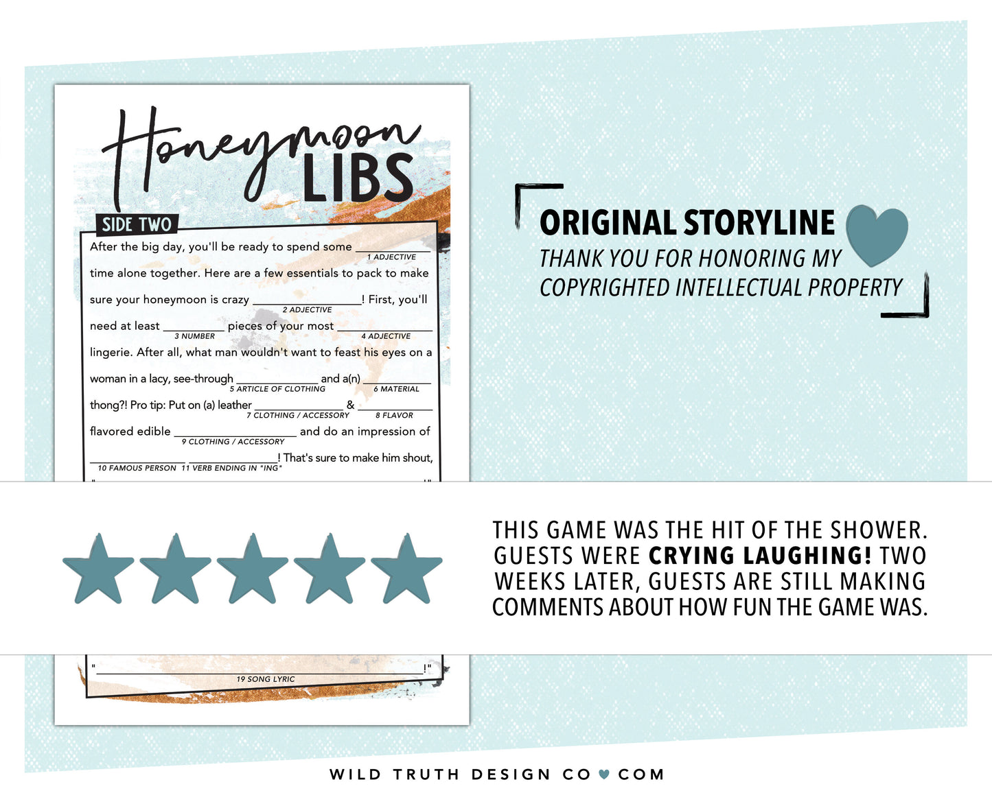 Honeymoon Wed Lib, Double Sided Wedding Mad Lib - Bachelorette Madlib, Bridal Shower Mad Lib, Printable Party Game, Lingerie Shower Game, Rehearsal Dinner Game, Engagement Party Game
