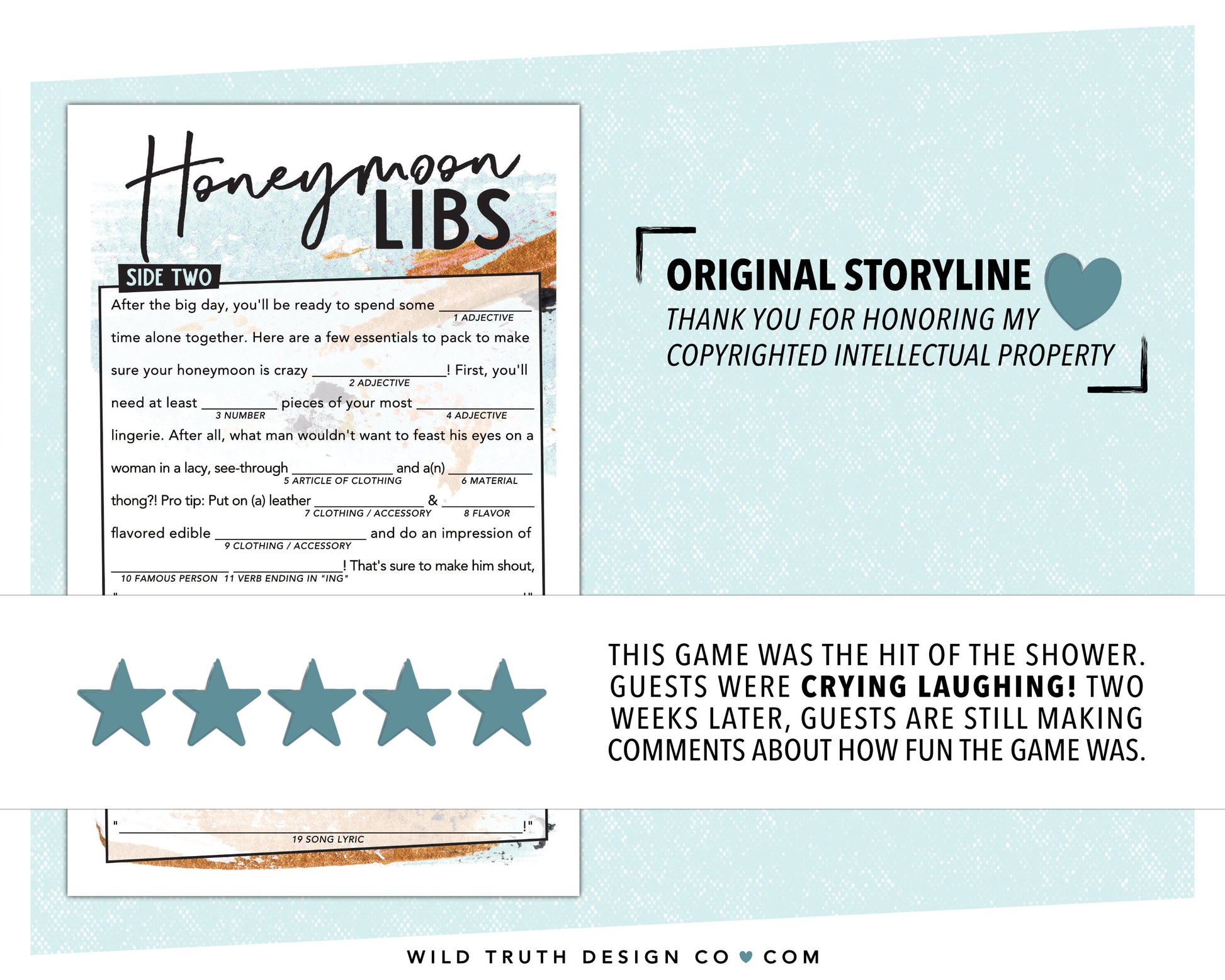 Honeymoon Wed Lib, Double Sided Wedding Mad Lib - Bachelorette Madlib, Bridal Shower Mad Lib, Printable Party Game, Lingerie Shower Game, Rehearsal Dinner Game, Engagement Party Game
