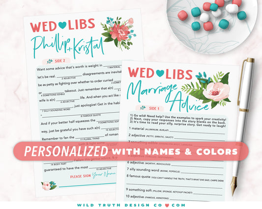 Personalized Wed Libs - Printed Cards - Marriage Advice Madlib Game - Wedding Guest Book - Floral Tropical Plants - Rehearsal Dinner - Engagement Party - Bridal Shower - Reception - Bachelorette - Couples Shower Mad Lib