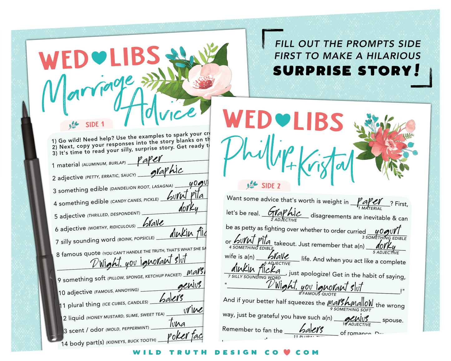 Personalized Wed Libs - Printed Cards - Marriage Advice Madlib Game - Wedding Guest Book - Floral Tropical Plants - Rehearsal Dinner - Engagement Party - Bridal Shower - Reception - Bachelorette - Couples Shower Mad Lib