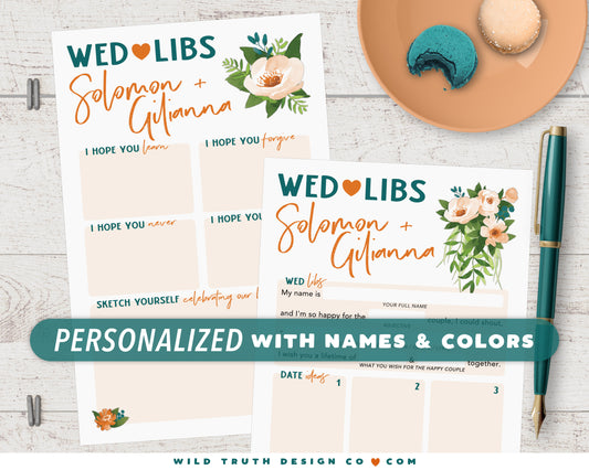 Personalized Wed Libs - Printed Cards - Well Wishes, Marriage Advice, Madlib Game - Wedding Guest Book - Floral Tropical Plants - Rehearsal Dinner - Engagement Party - Bridal Shower - Reception - Bachelorette - Couples Shower Mad Lib