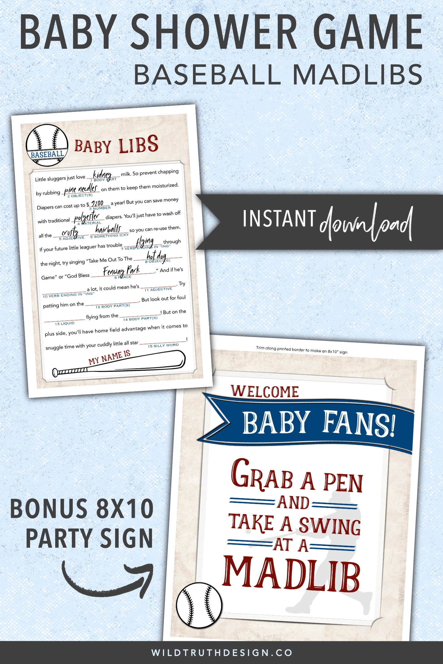 Boy Baby Shower Mad Lib Game & Sign - Baseball