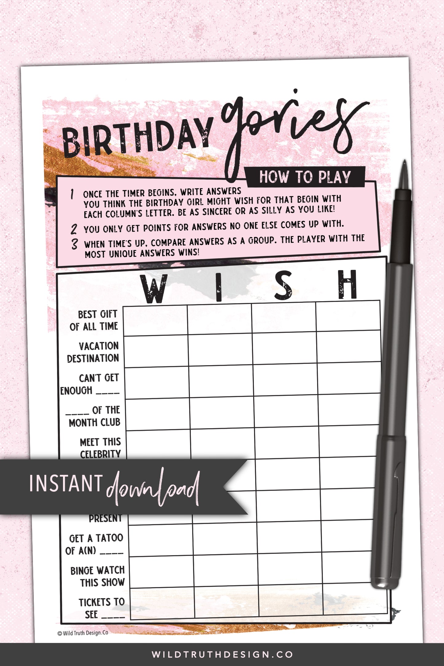 Birthday Scattergories Party Game For Adults Women