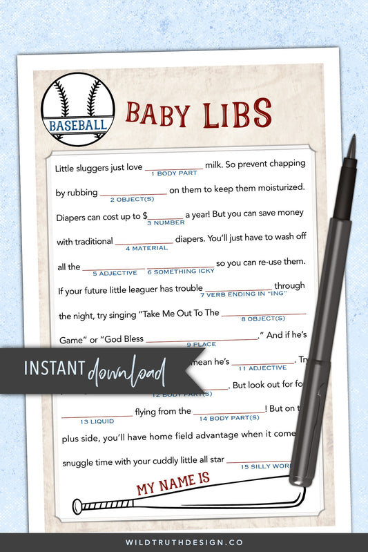 Boy Baby Shower Mad Lib Game & Sign - Baseball