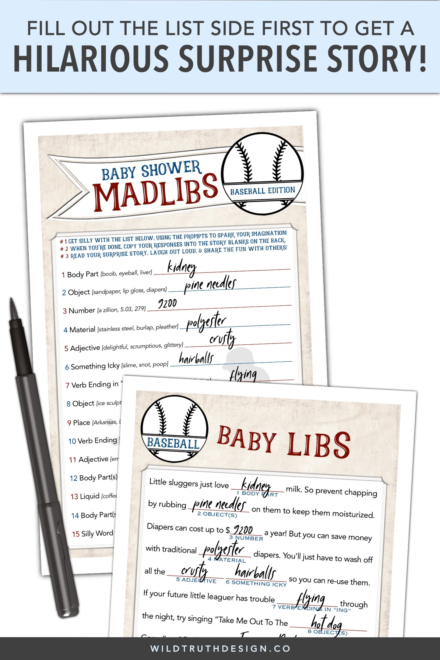 Boy Baby Shower Mad Lib Game & Sign - Baseball