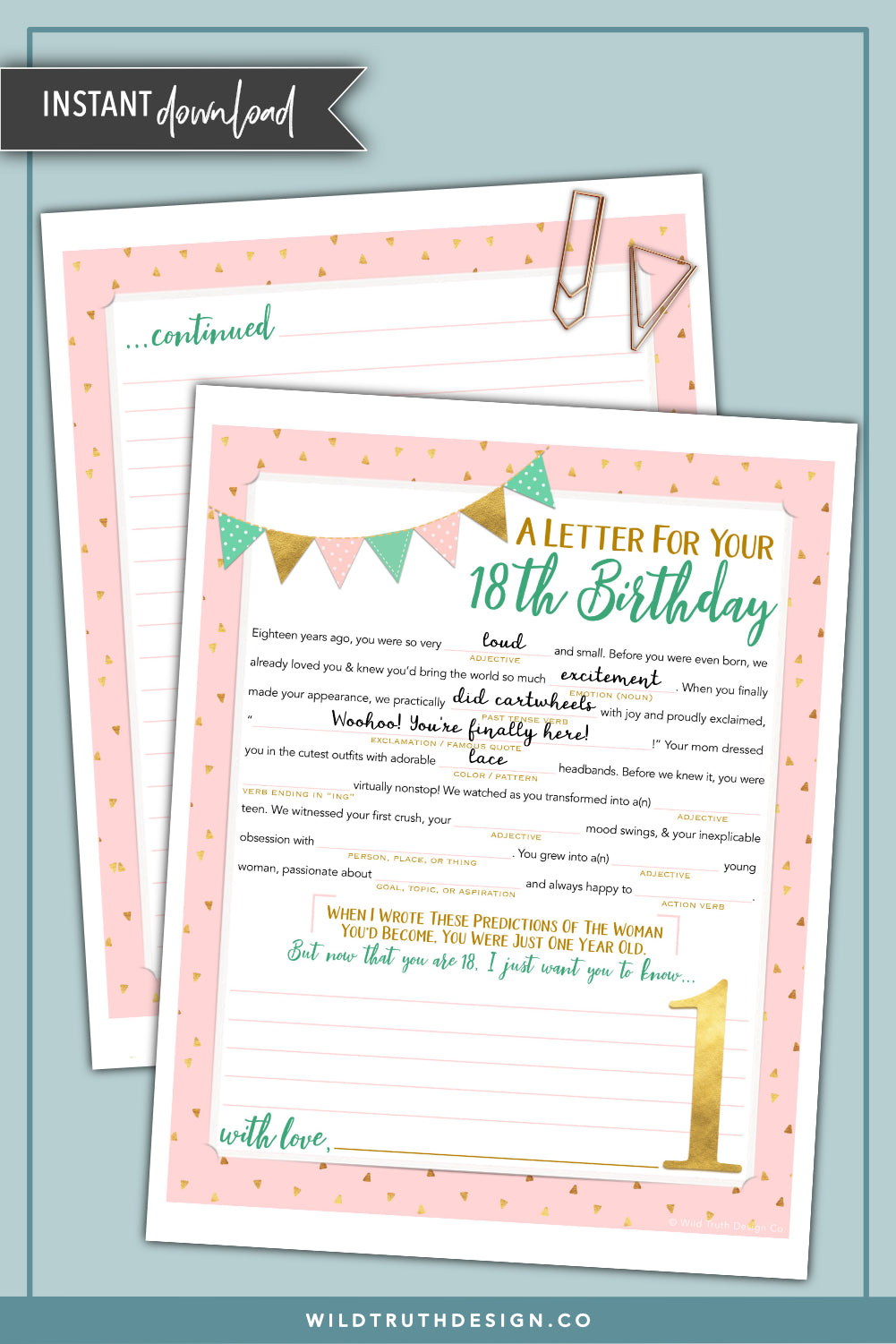 Girls First Birthday Time Capsule Letter Mad Lib
