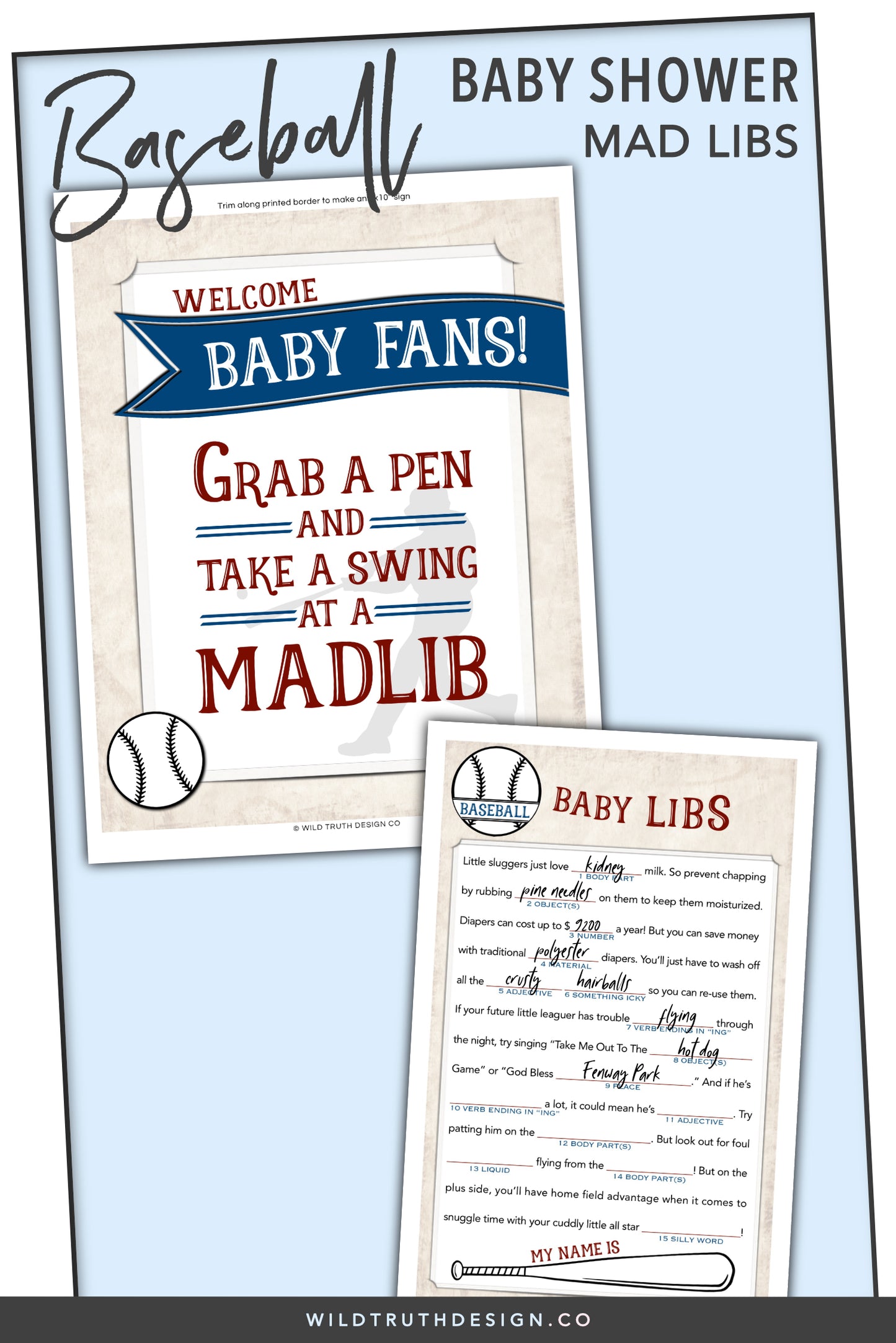 Boy Baby Shower Mad Lib Game & Sign - Baseball
