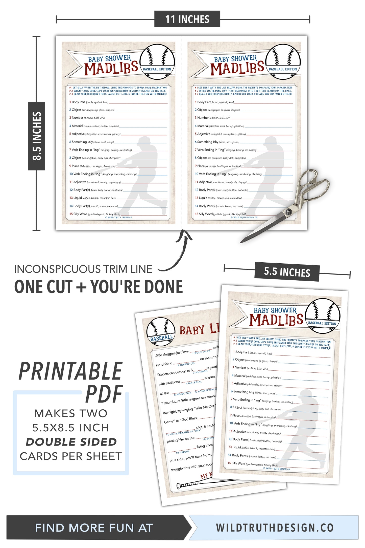 Boy Baby Shower Mad Lib Game & Sign - Baseball