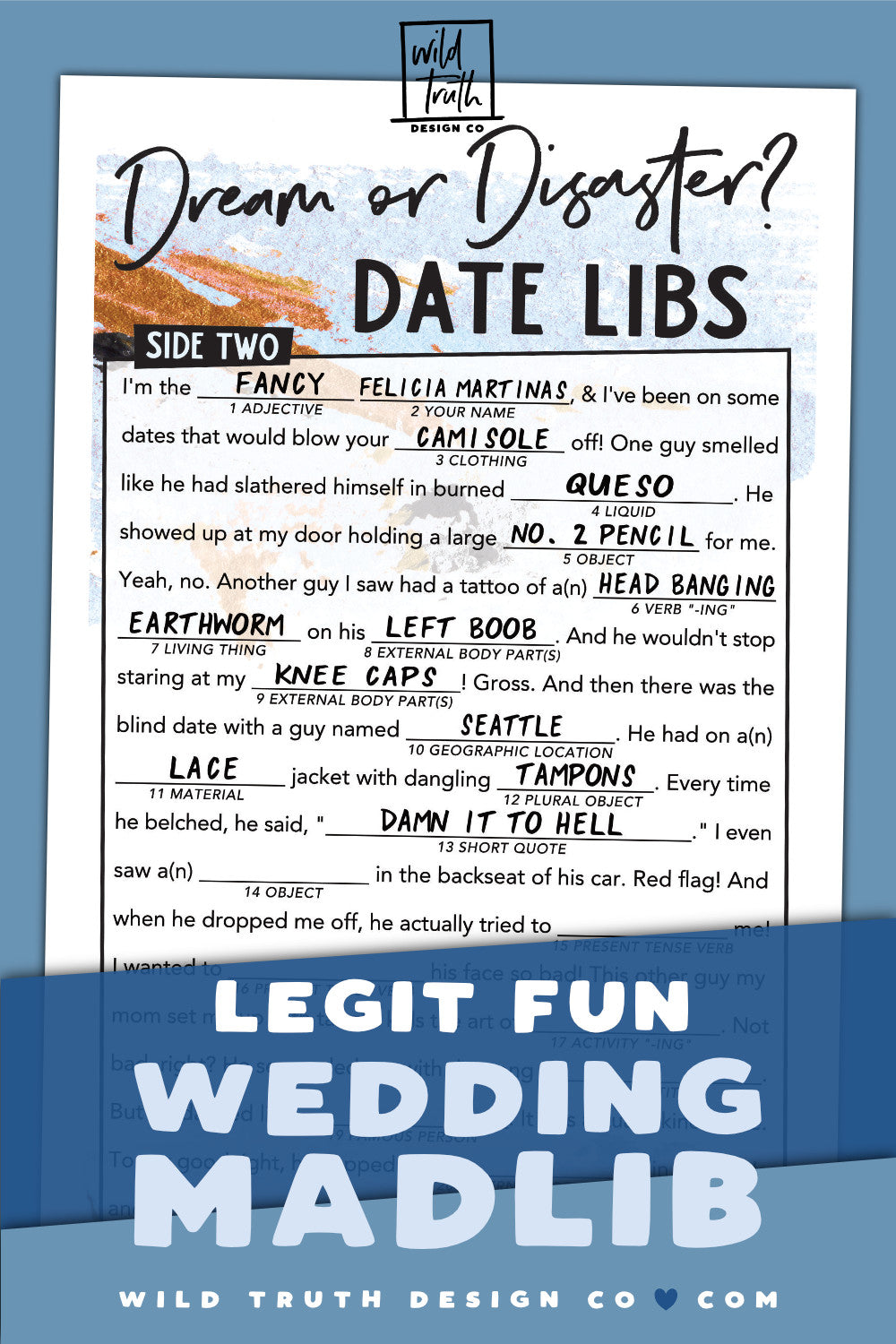 Fun Wedding Madlib - Dream or Disaster Date Game