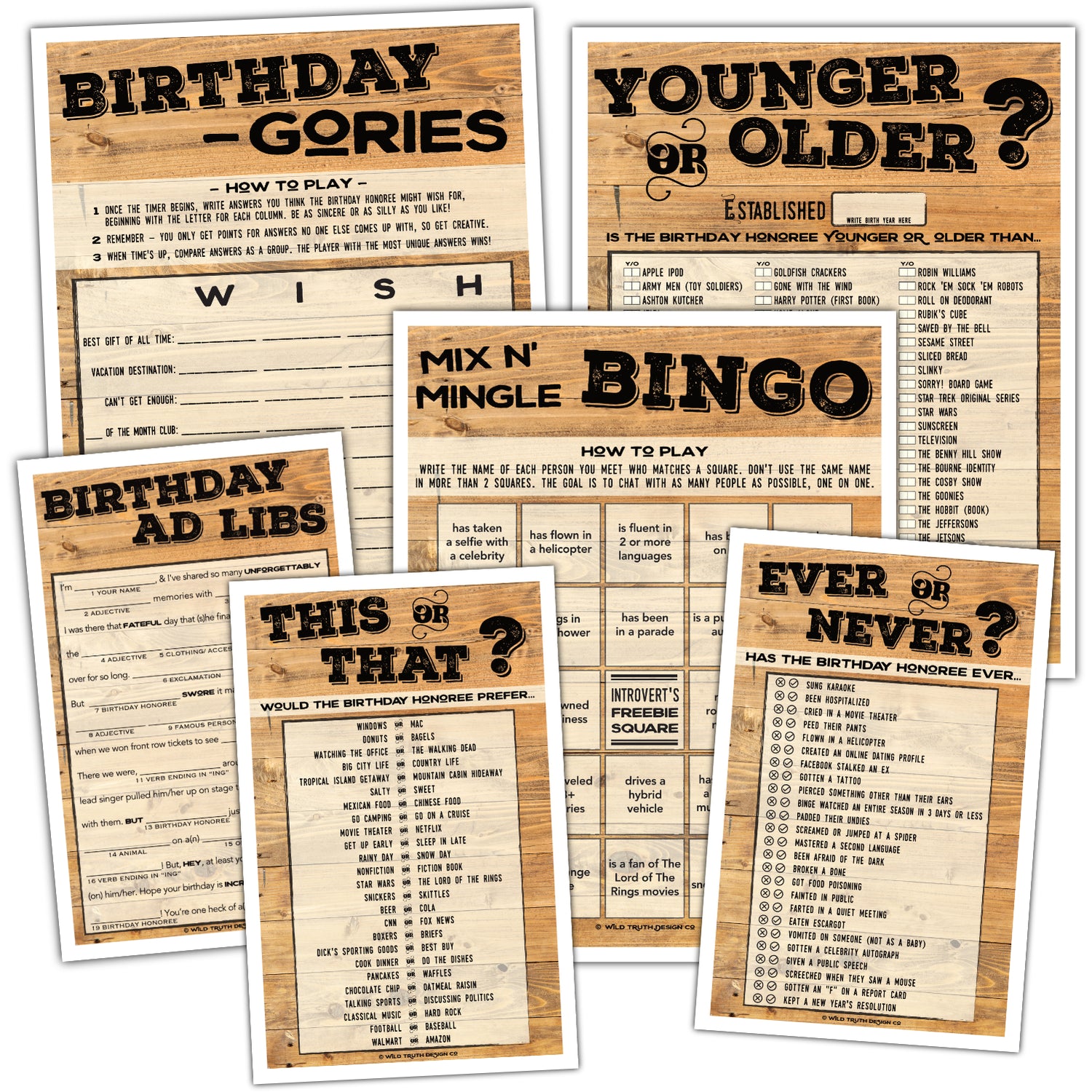 printable birthday games pack for adults - men & women