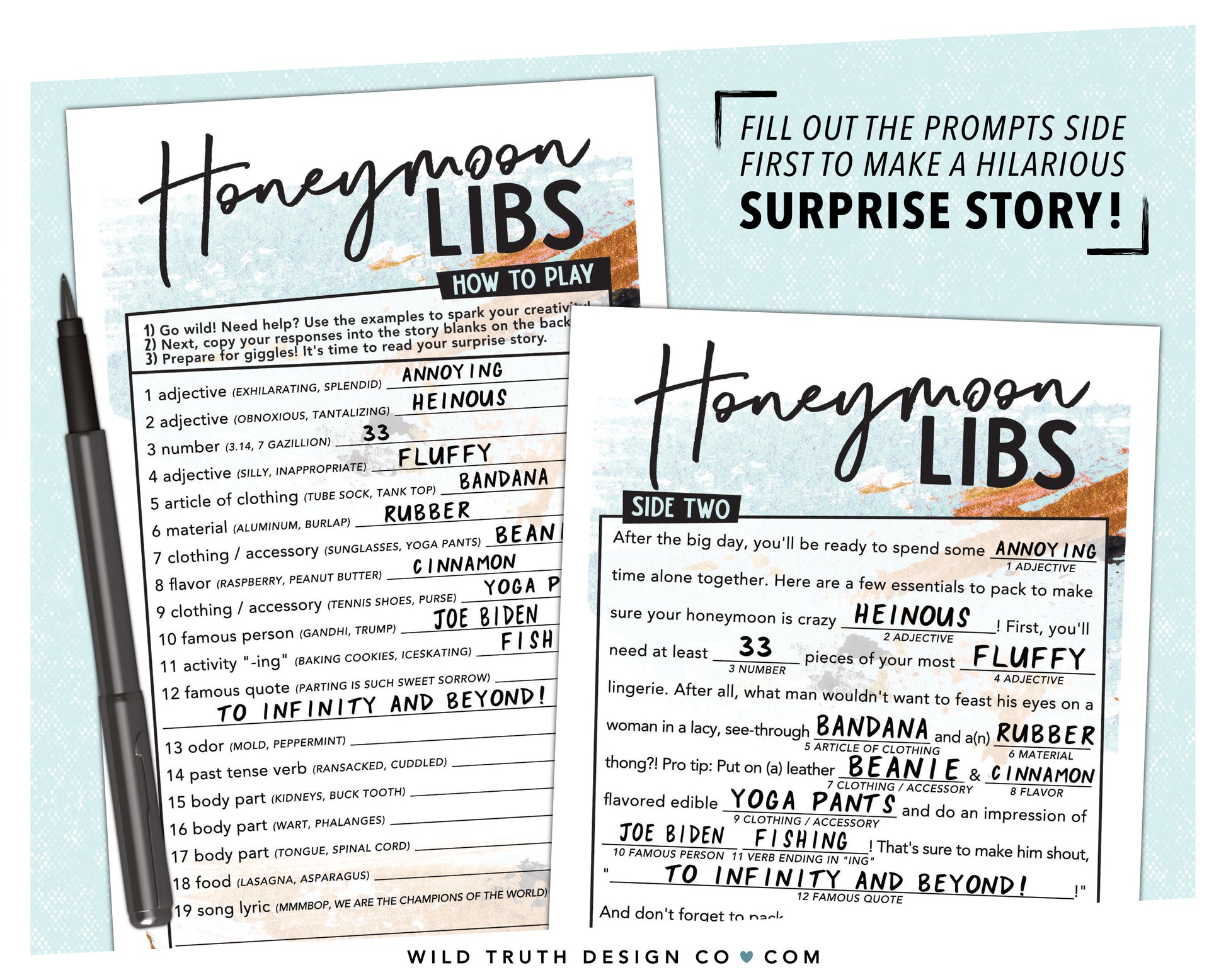 Honeymoon Wed Lib, Double Sided Wedding Mad Lib - Bachelorette Madlib, Bridal Shower Mad Lib, Printable Party Game, Lingerie Shower Game, Rehearsal Dinner Game, Engagement Party Game