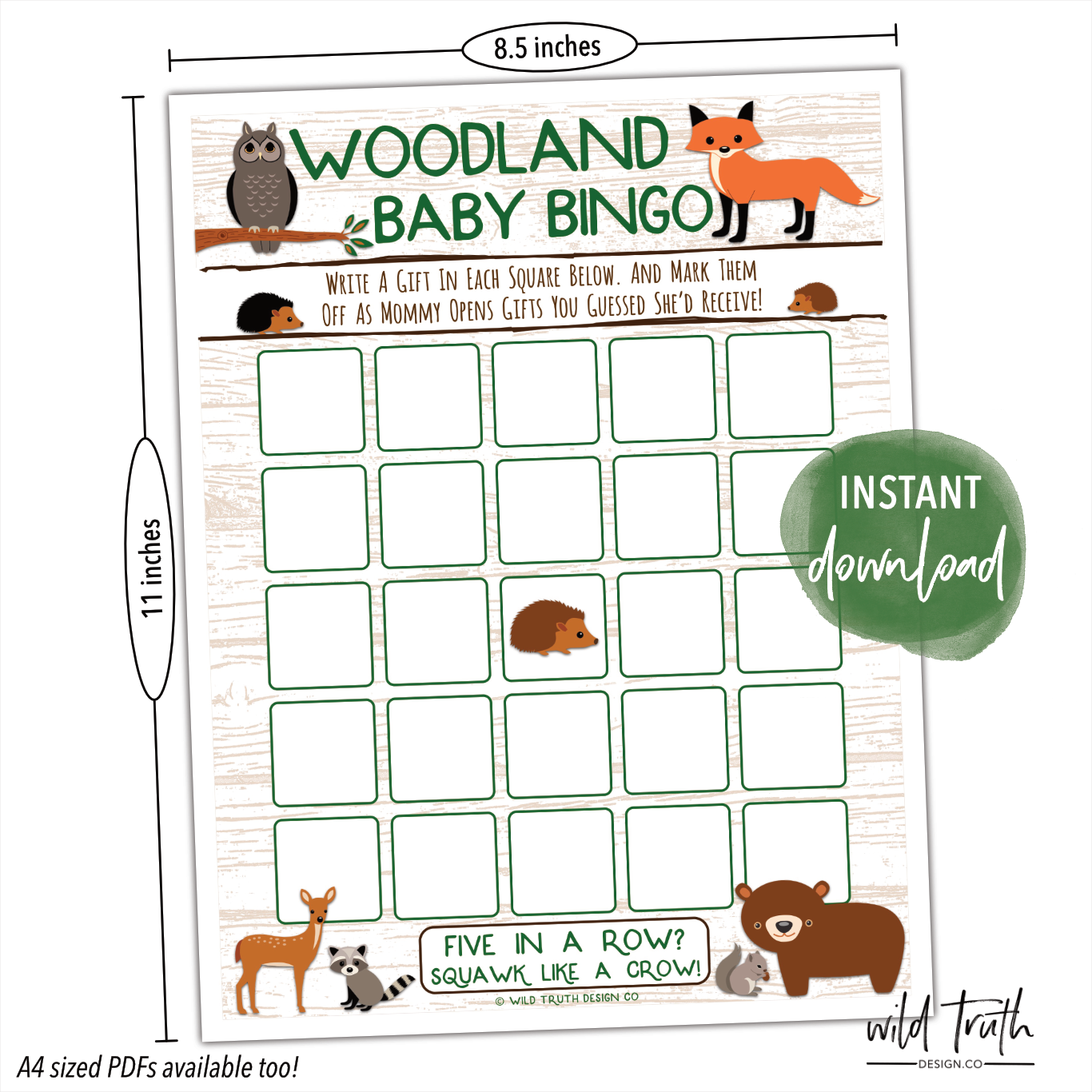 woodland animals baby shower bingo card
