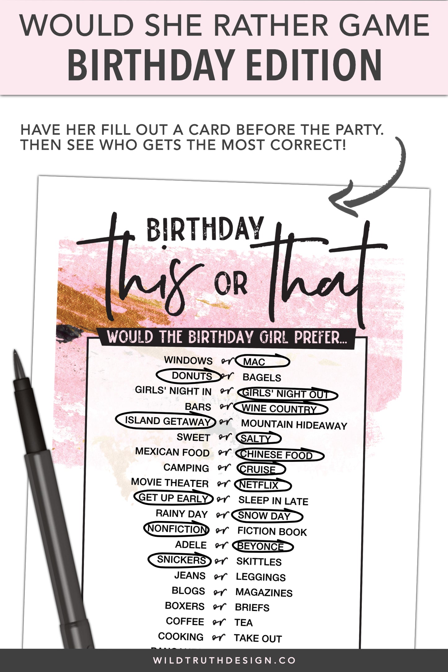 Birthday Party Games For Women Printable - This Or That
