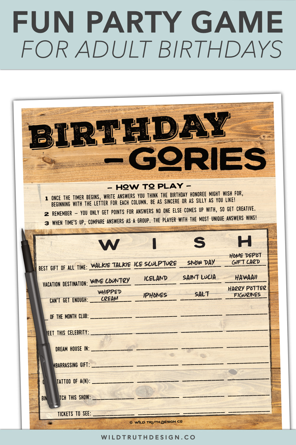 Printable Birthday Party Games For Adults - Wood Design – Wild Truth ...