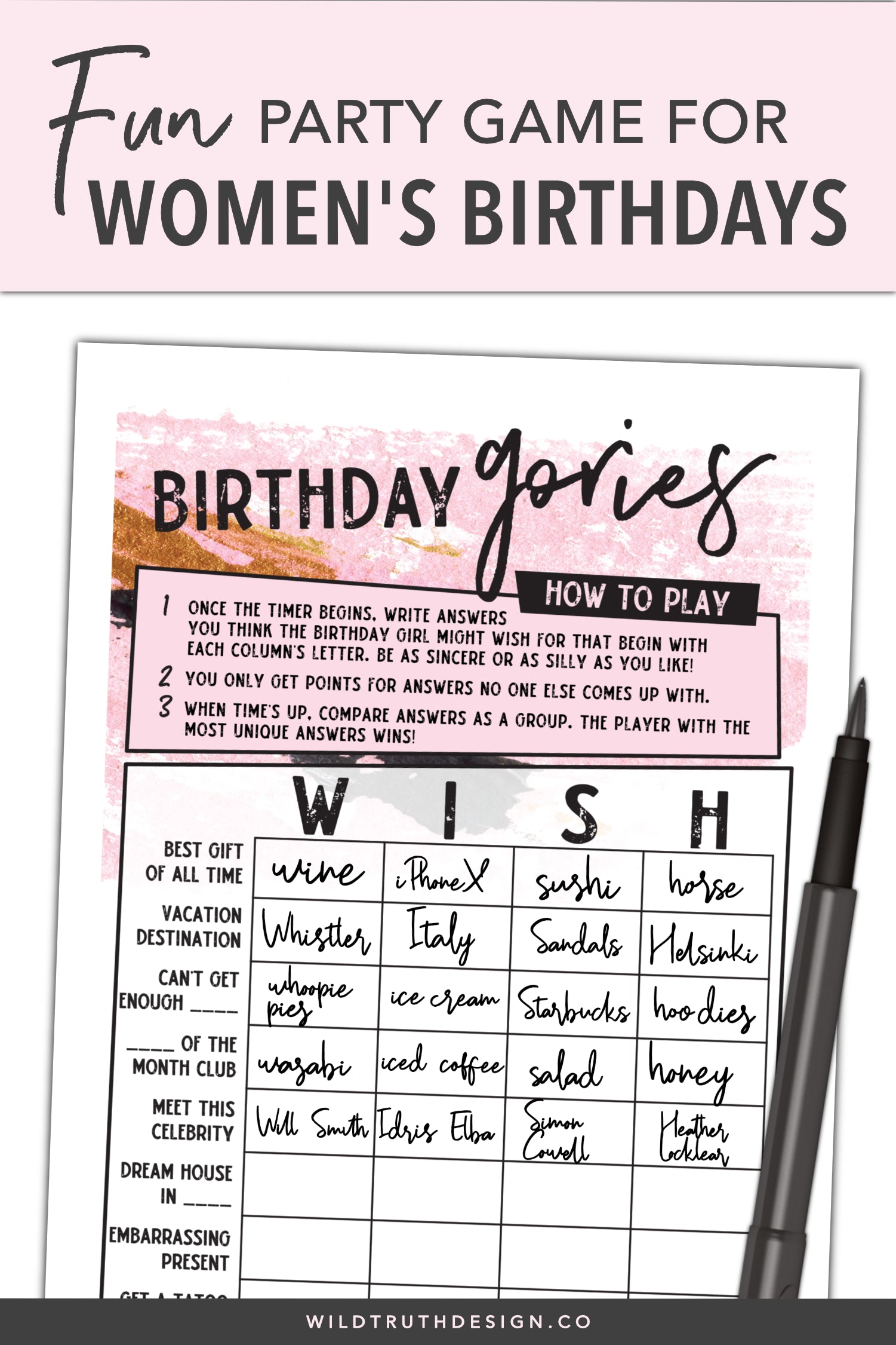 Birthday Scattergories Party Game Women Adults
