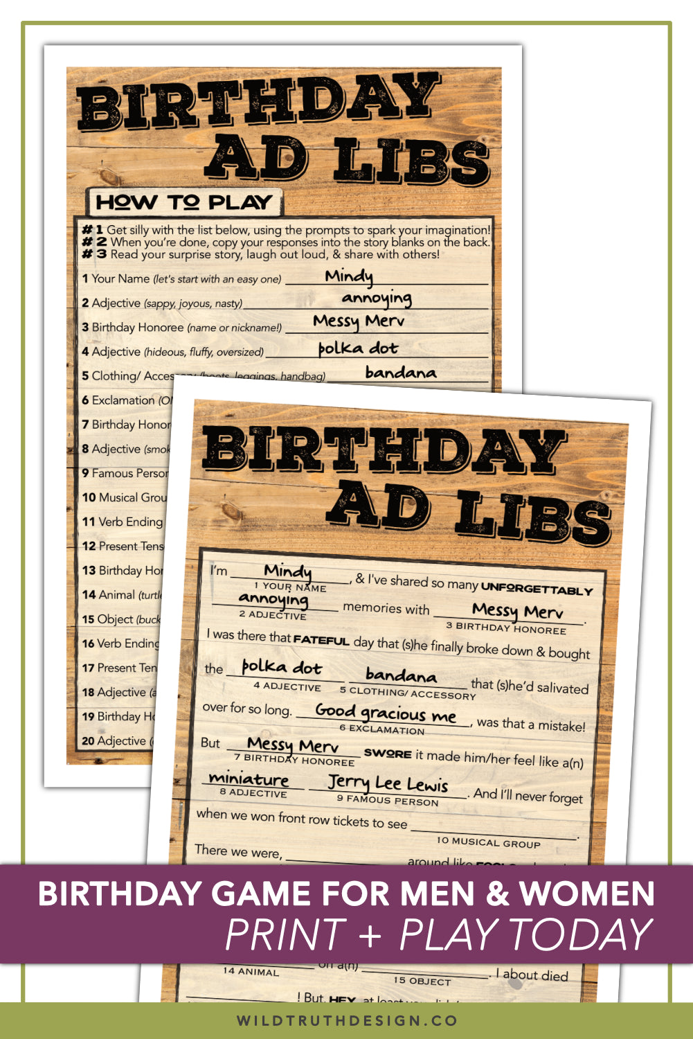 Hilarious Printable Birthday Madlibs Adults Party Game by Wild Truth Design Co