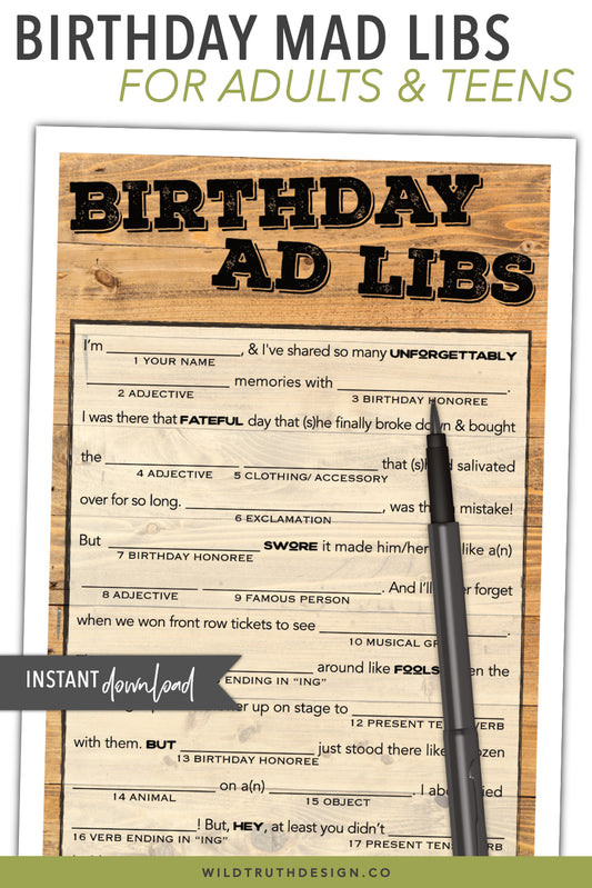 Mens Birthday Mad Libs Party Game Printable by Wild Truth Design Co