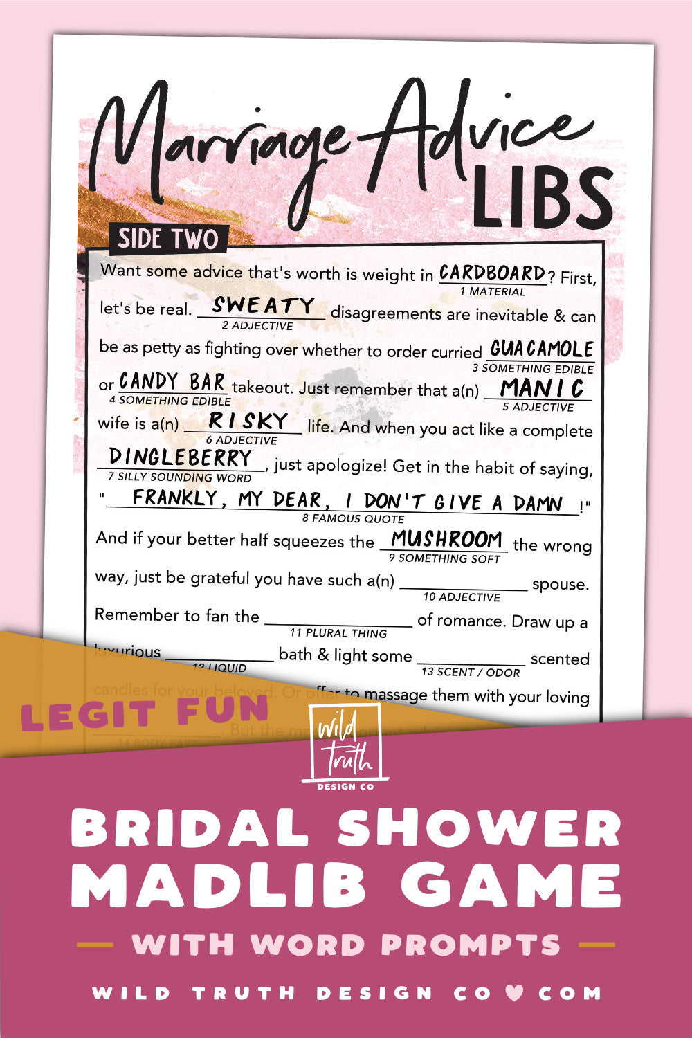 Fun Bridal Shower Madlib Game - Marriage Advice