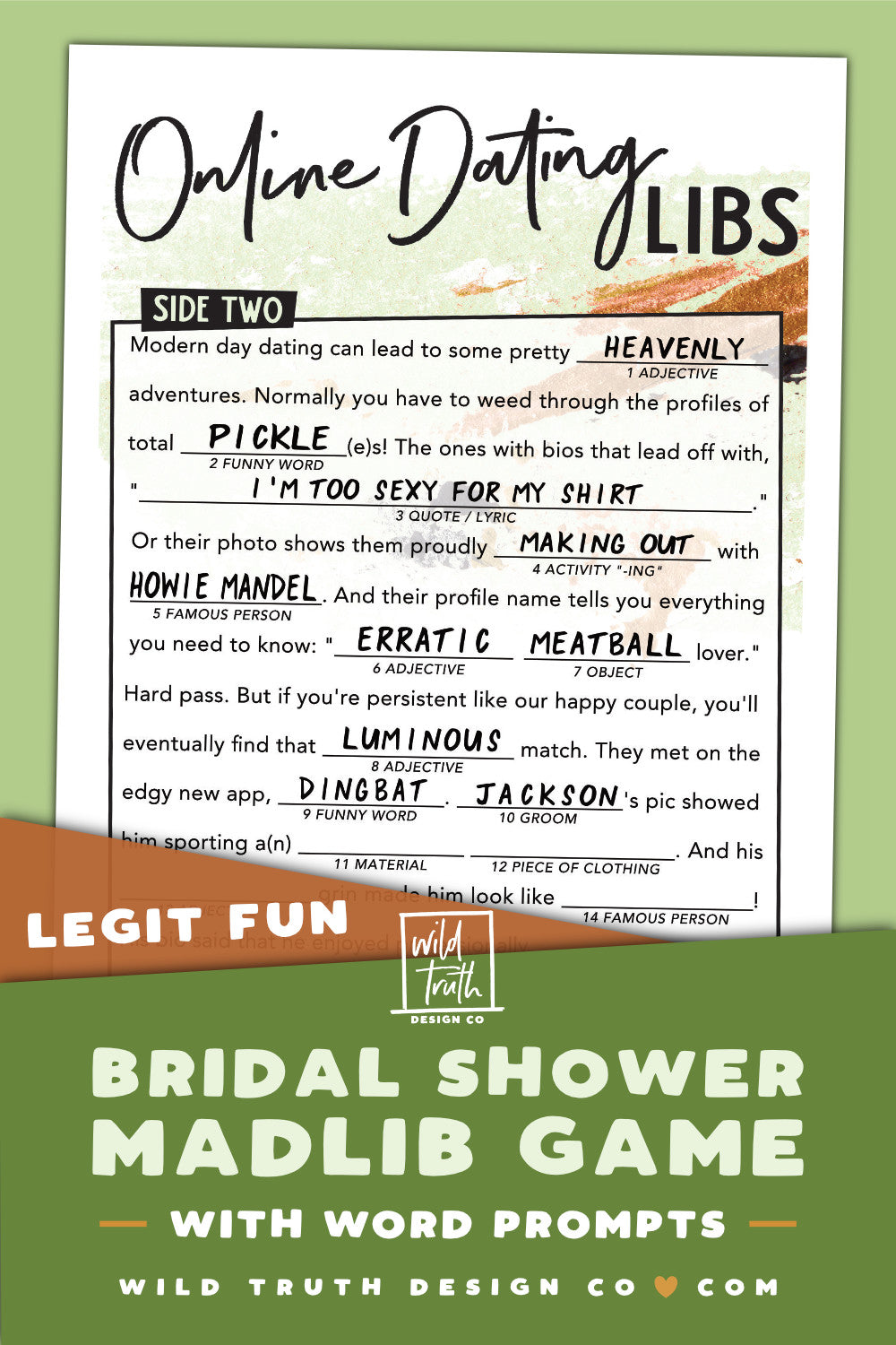 Fun Bridal Shower Mad Lib Game - Online Dating