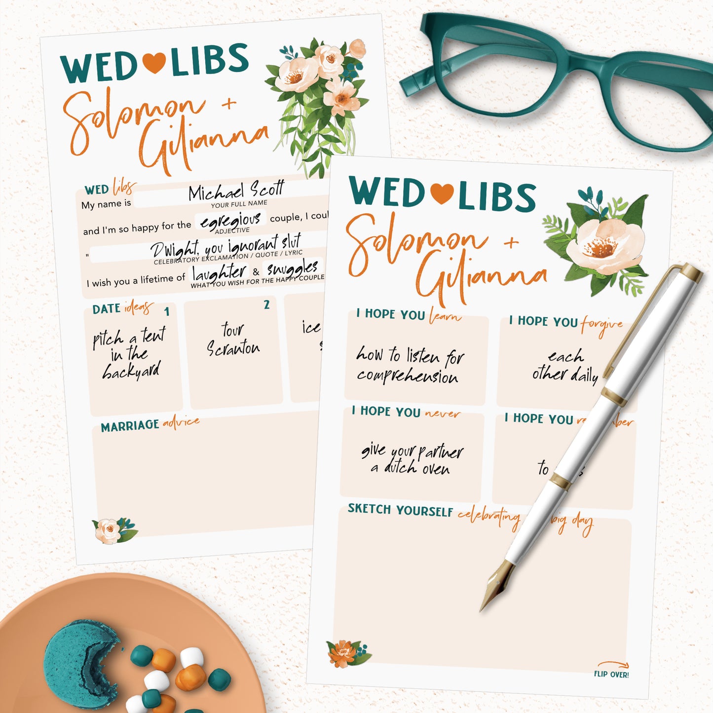 Personalized Wed Libs - Printed Cards - Well Wishes, Marriage Advice, Madlib Game - Wedding Guest Book - Floral Tropical Plants - Rehearsal Dinner - Engagement Party - Bridal Shower - Reception - Bachelorette - Couples Shower Mad Lib