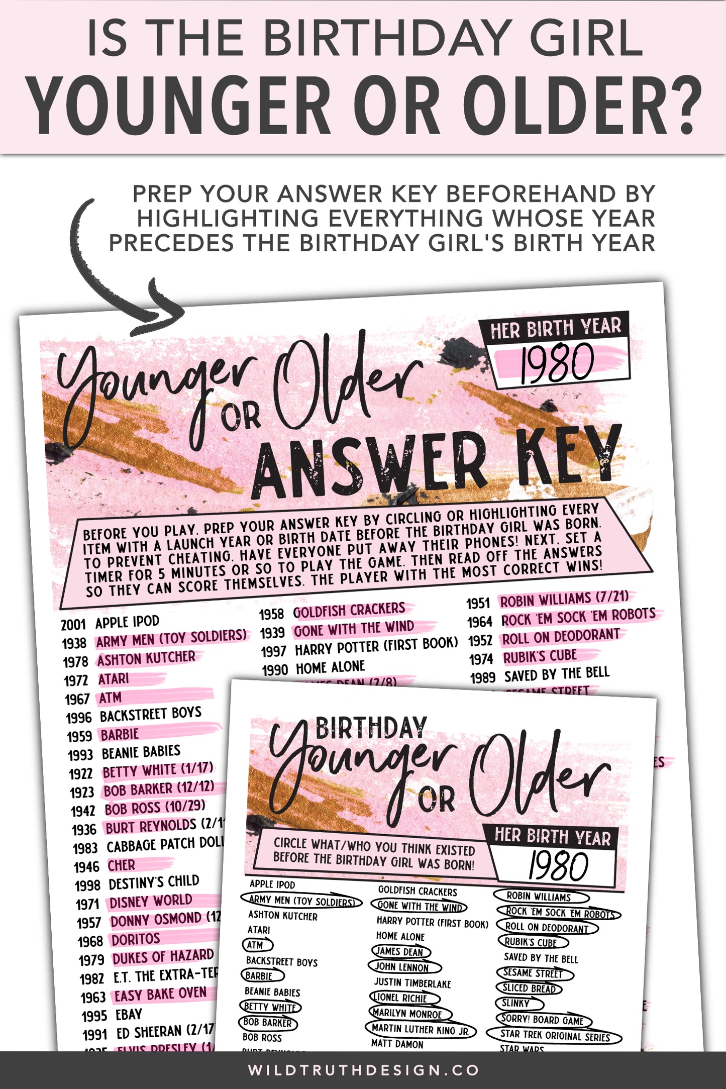 Younger Or Older - Womens Birthday Party Game Printable